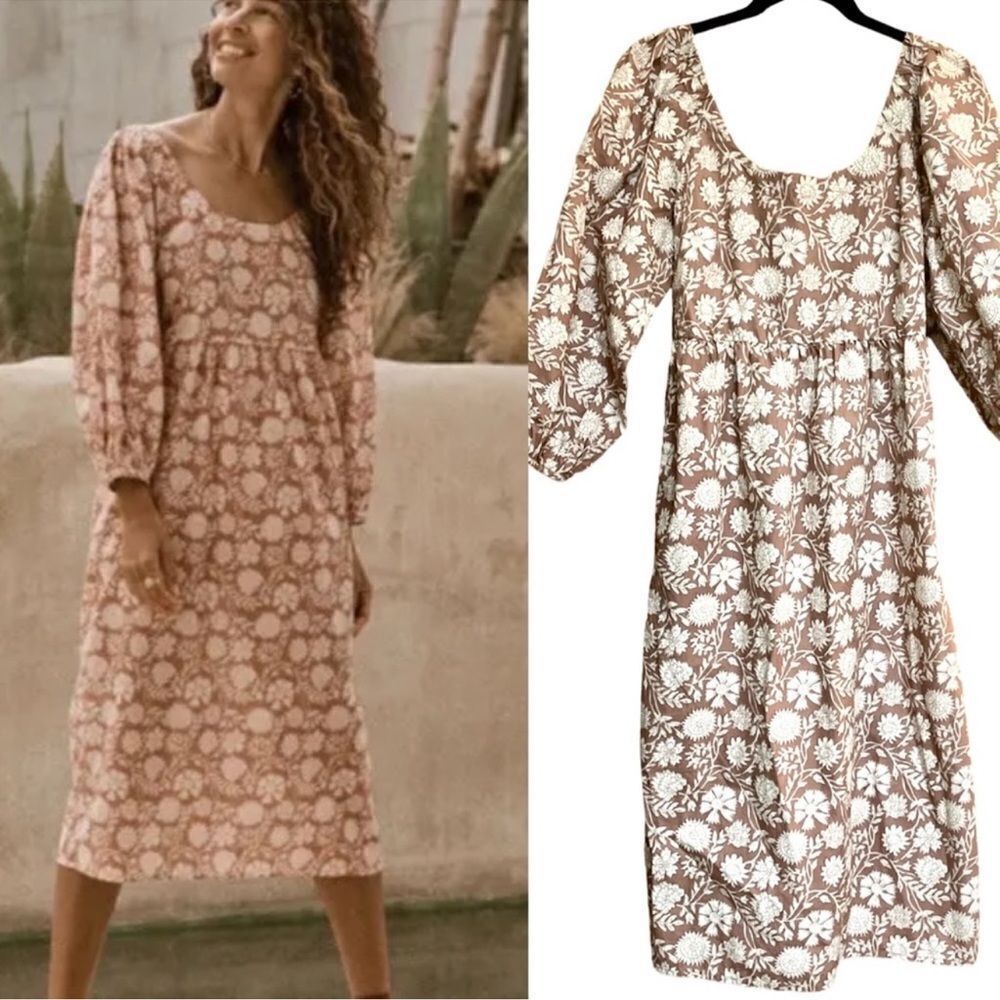 FAHERTY Freya Clay Jai Floral Blouson Sleeve 100% Cotton Flowy Midi Dress Sz S